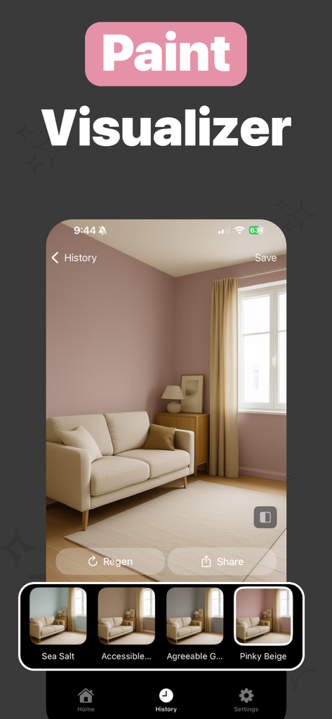 AI Home Design Decorist app interface showing a living room with pinky beige wall paint visualization