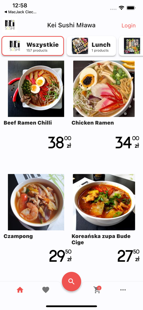 Kei Sushi Mława - App mobile Kei Sushi Mlawa con menu di ramen di manzo e pollo con prezzi