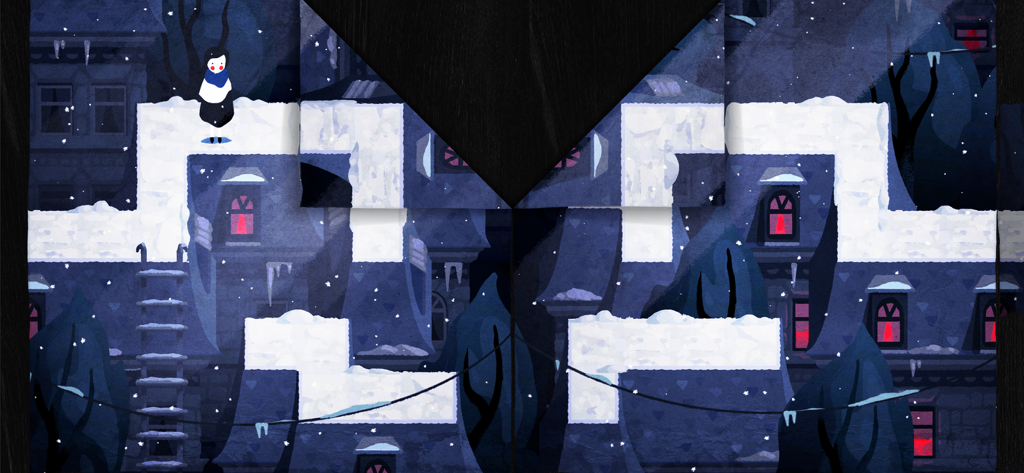 A top-down view of the game Paper Trail showing a character on a snowy path within a foldable paper world with watercolor graphics