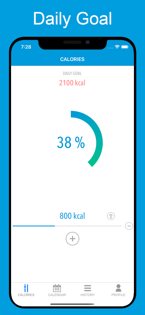Tela de meta diária do aplicativo Calories Counter exibindo um círculo de progresso com 38 por cento da meta de calorias diárias atingida.