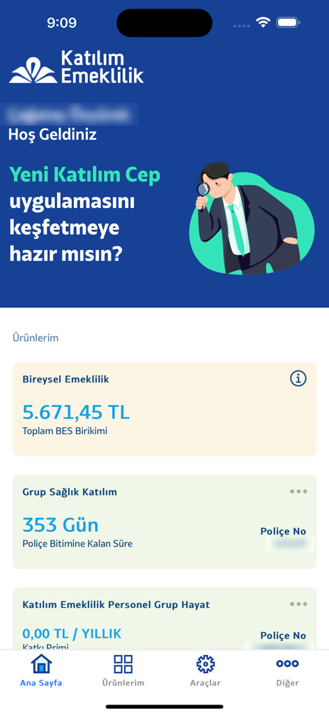 Katılım Cep - Écran d'accueil de l'application mobile Katilim Cep montrant le solde de la pension privée et les plans d'assurance.