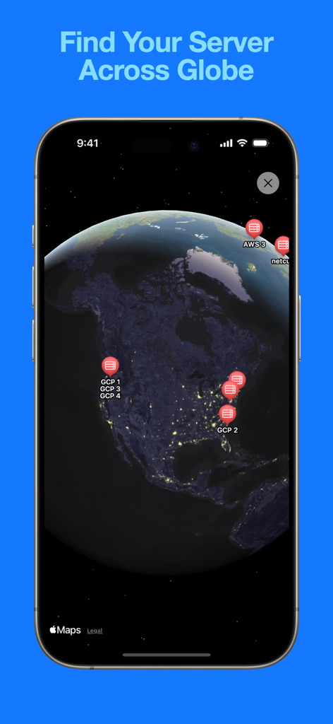 Ein Screenshot der Nezha Mobile App, der eine globale Kartenansicht mit Pins zeigt, die Serverstandorte in Nordamerika und Europa kennzeichnen.