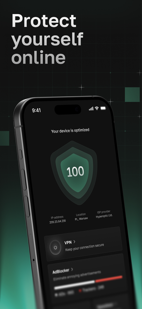 Red VPN - Speed Tunnels - The Red VPN app interface on a smartphone screen showing a security dashboard with a device optimization score and privacy protection features