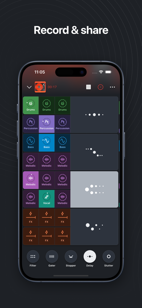 Launchpad app showing a multi-colored grid of music loops and DJ performance effects on an iPhone