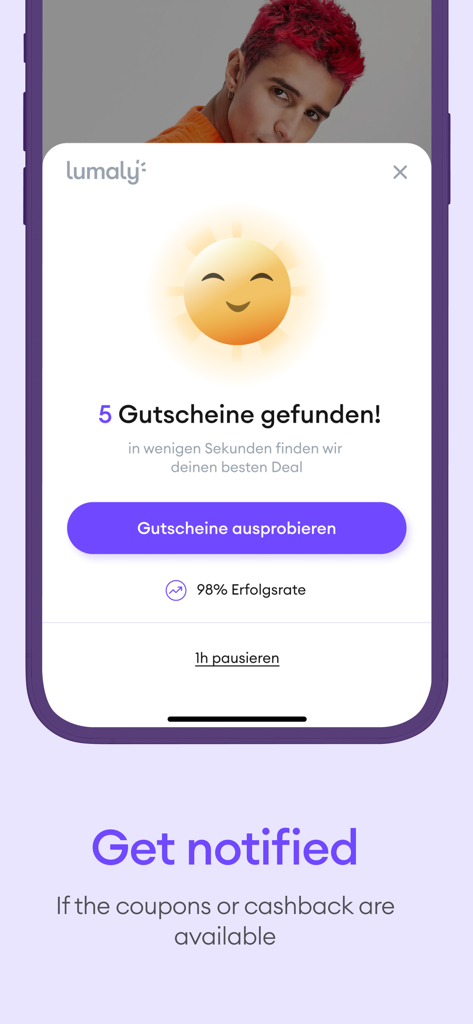 Lumaly - Lumaly App-Screenshot, der eine Benachrichtigung anzeigt, dass fünf Coupons gefunden wurden, mit der Option, sie automatisch auszuprobieren.