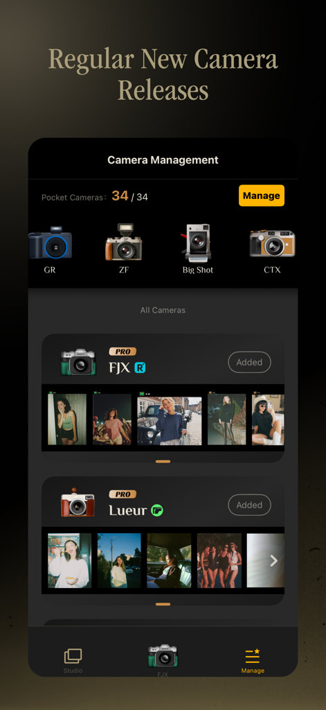 The camera management screen of Snap it showing various vintage film camera simulations and photo previews
