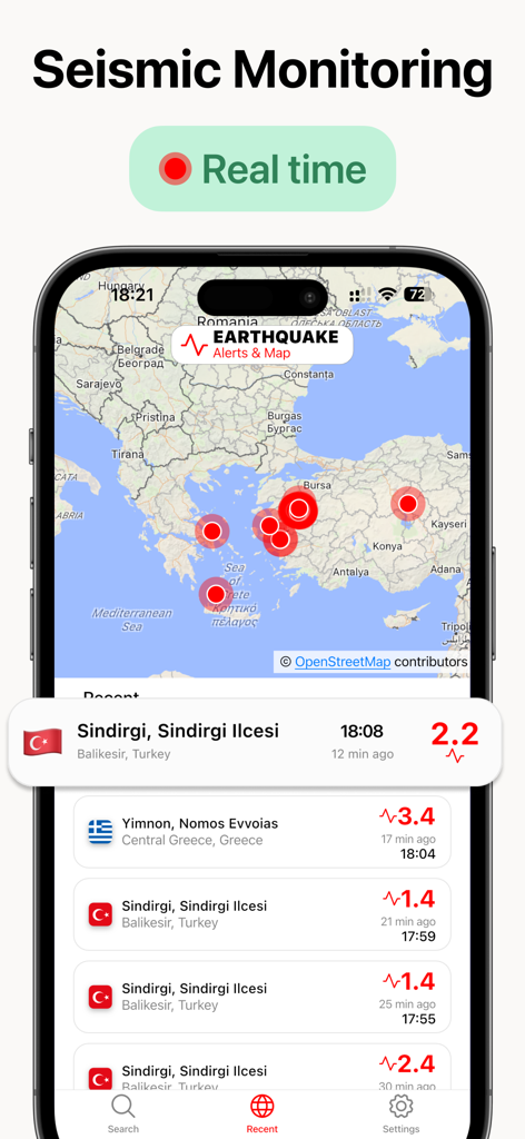 Earthquake Alerts Map: SeisMap - SeisMap app interface displaying a real time earthquake monitoring map with recent seismic activity alerts and magnitudes
