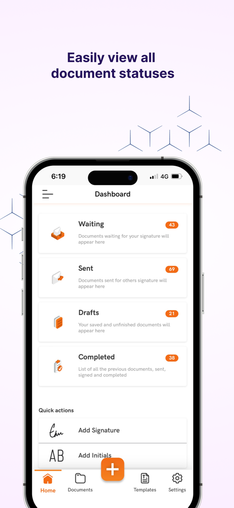 Foxit eSign - Foxit eSign mobile dashboard showing document statuses including waiting sent drafts and completed signatures