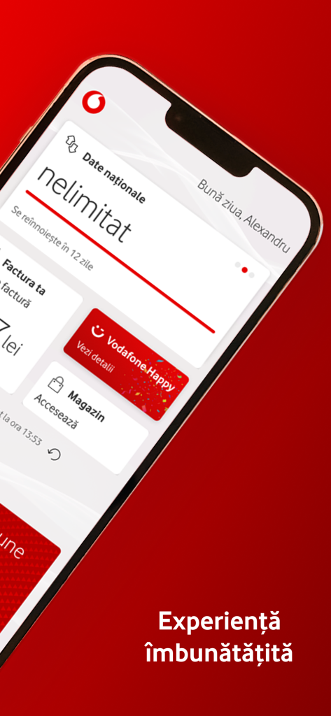My Vodafone Romania - My Vodafone Romaniaアプリのダッシュボード。アカウントの詳細とiPhoneでのデータ使用量が表示されています。