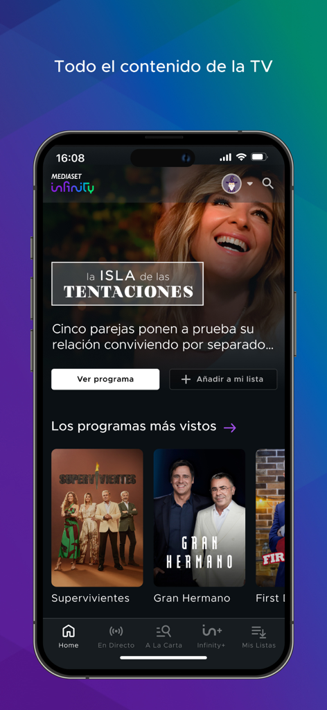 Mediaset Infinity app home screen displaying popular Spanish reality TV shows like La Isla de las Tentaciones and Gran Hermano.