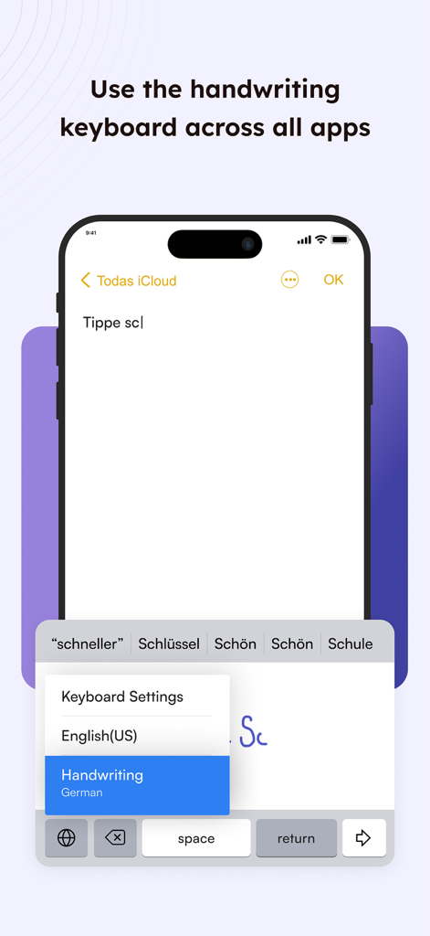 Handwriting Keyboard ™ - Handwriting Keyboard app interface on iPhone showing German language handwriting input and word suggestions
