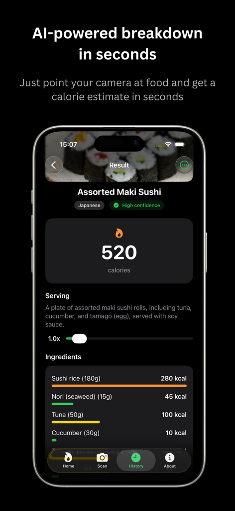 Calorie Checker app displaying an AI food scan result for sushi