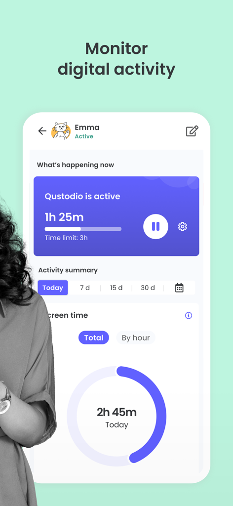 Interfaz de la App Qustodio para Niños que muestra un resumen del tiempo de pantalla de un niño y los límites diarios