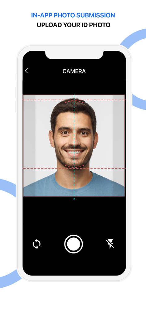 ID123-App-Oberfläche, die zeigt, wie ein Benutzer ein Selfie mit Ausrichtungshilfen für die digitale ID-Fotoübermittlung macht