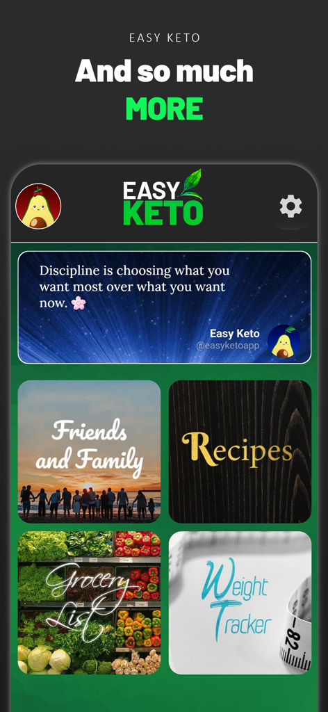 Easy Keto Diet Carb Manager - Easy Keto app interface showing tiles for friends and family, recipes, grocery list, and weight tracker