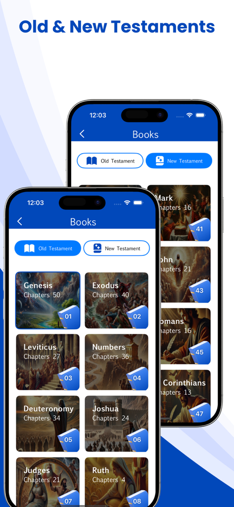 ESV Bible* - 旧約聖書と新約聖書の書名リストとイラストを表示しているESV聖書アプリのインターフェース