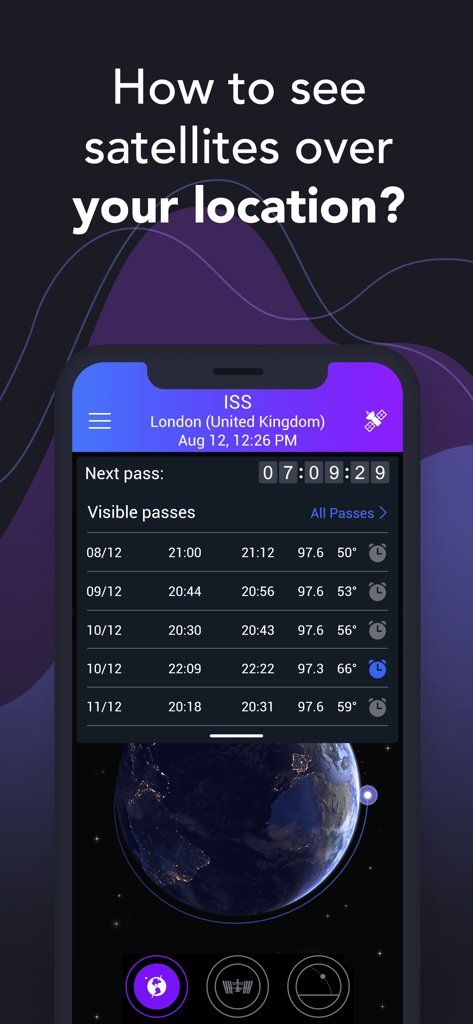 Satellite Tracker by Star Walk - Interface of the Satellite Tracker app showing upcoming International Space Station visible passes and a 3D globe view
