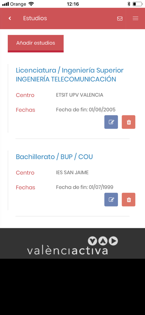 València Activa - Interface of the Valencia Activa app showing a user profile with education history and an option to add new studies.
