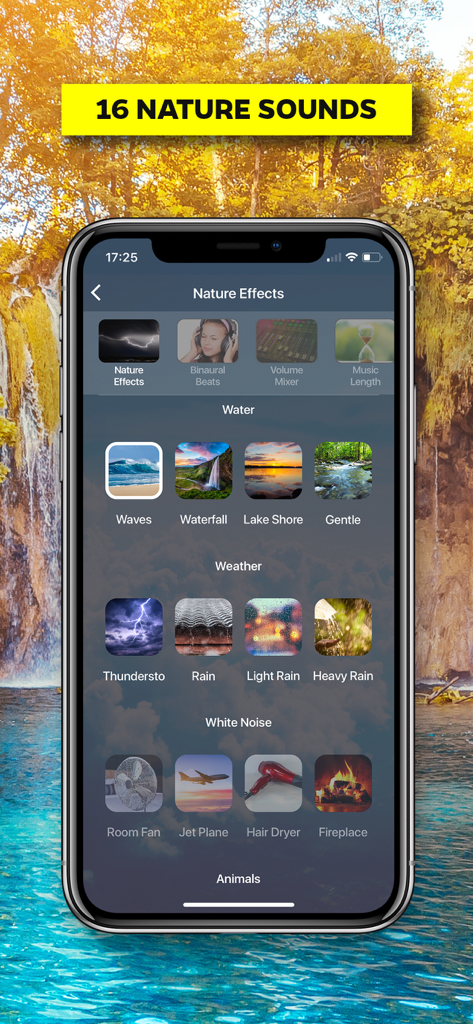 Yellow Brick Cinema - Yellow Brick Cinema app interface showing various nature sounds categories including water, weather, and white noise for relaxation.