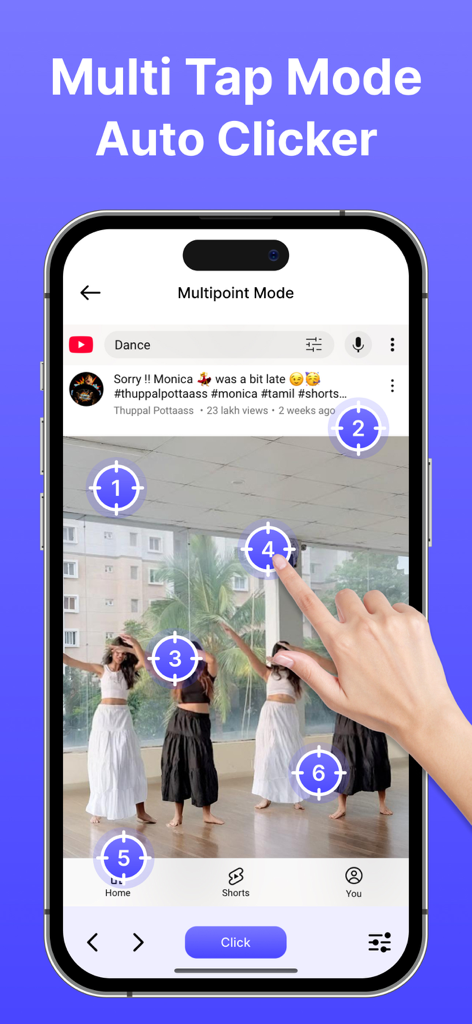 Auto Clicker: Auto Scroll, Tap - Una mano señalando objetivos de clic automático numerados en una pantalla de iPhone mostrando el modo de toque múltiple.