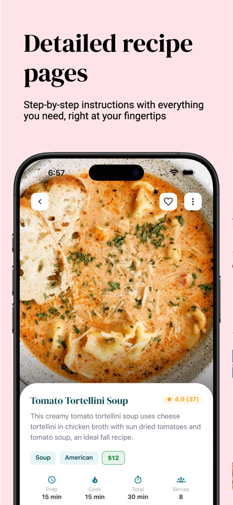 Six Sisters: Meal Planner - iPhone screen showing a detailed recipe for Tomato Tortellini Soup in the Six Sisters Meal Planner app.