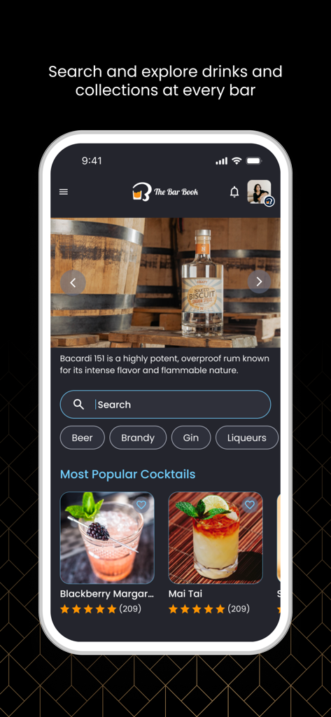 The Bar Book - A screenshot of The Bar Book app showing the search interface for spirits and most popular cocktails like Blackberry Margarita and Mai Tai.