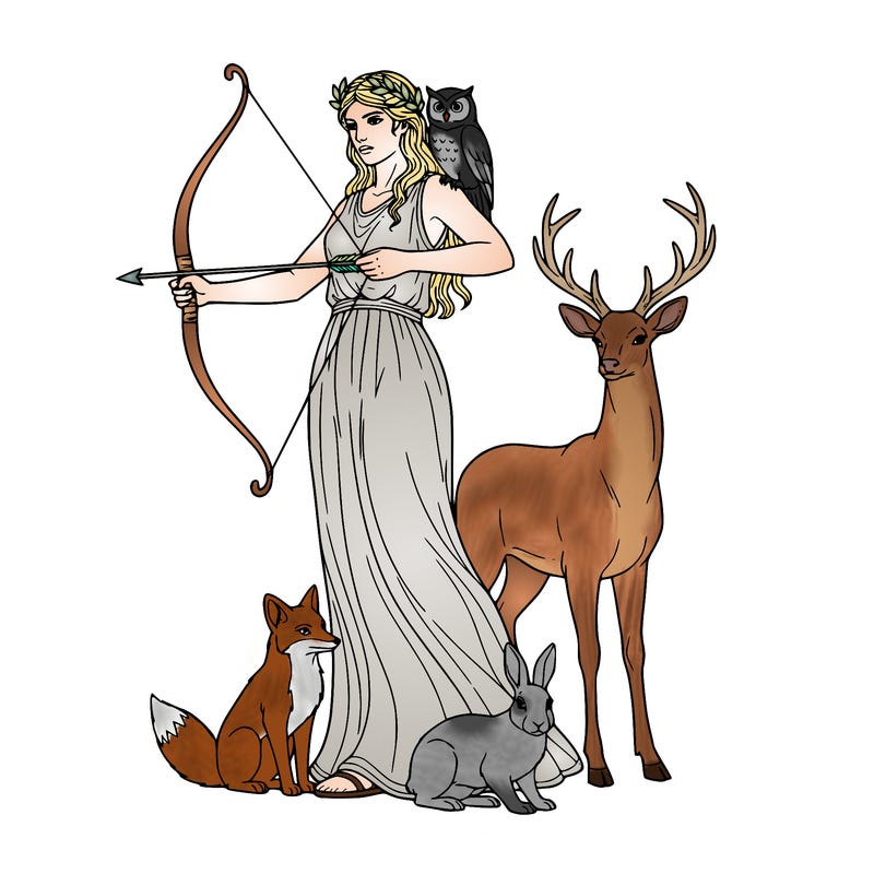 a greek goddess with a dear 🦌. she has a bow and arrow and an owl and a few other wild animals not too many like two more.