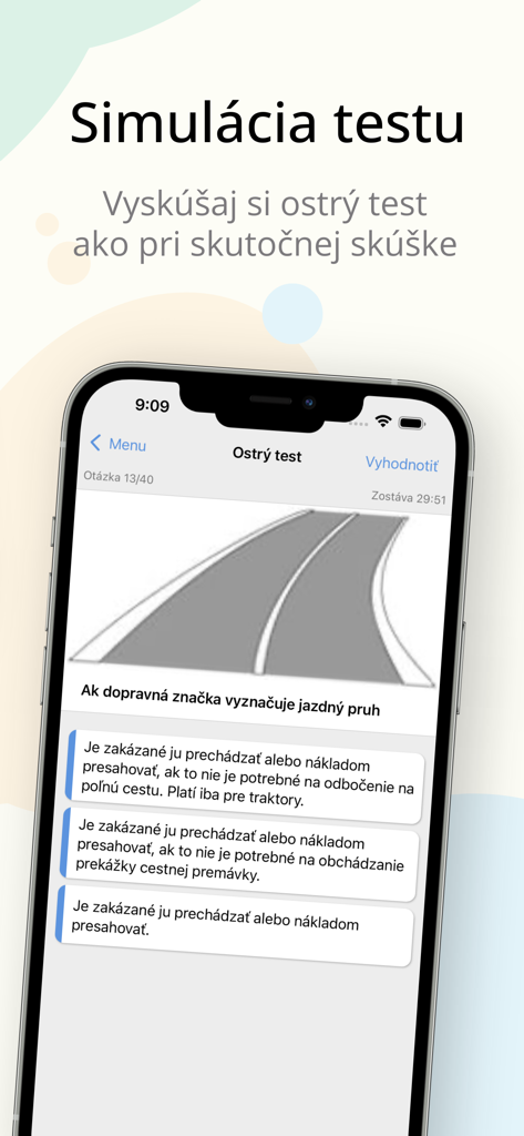 Slovak driving school app test simulation screen featuring a road rules question and multiple choice answers