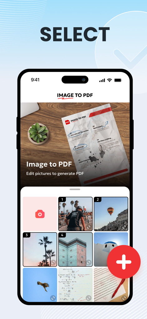 PDF Converter , Photo to PDF - Un'interfaccia smartphone che mostra la galleria di selezione delle foto per convertire le immagini in un documento PDF