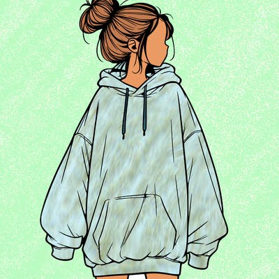 realistic girl with a oversized sweatshirt on and a bun
