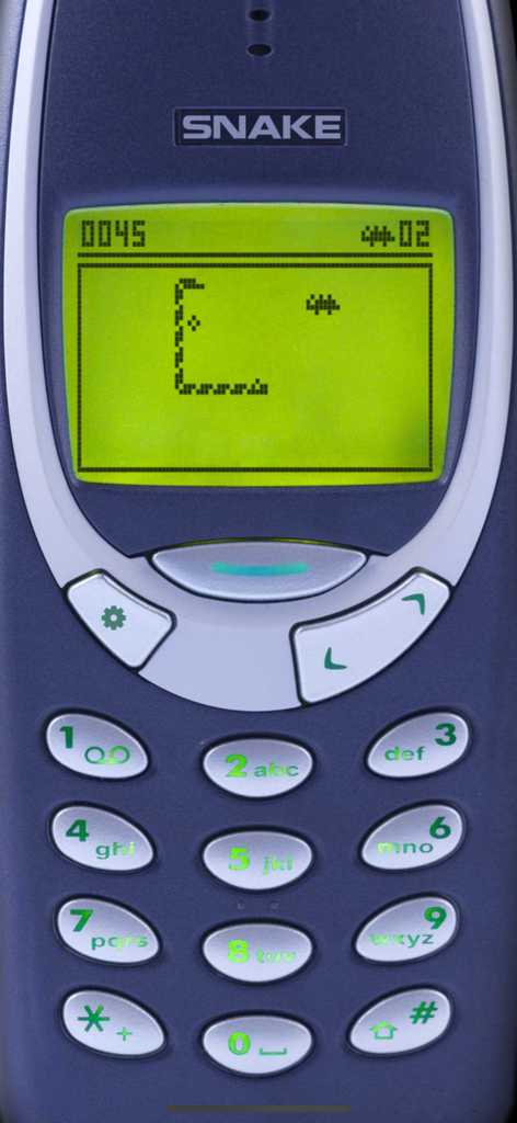 Snake '97: retro phone classic - 녹색 도트 매트릭스 화면의 시뮬레이션된 Nokia 3310에서 Snake 97 게임 플레이