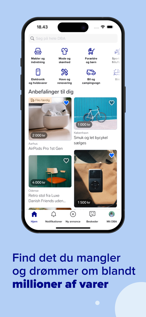 DBA: Den Blå Avis - DBA Den Blå Avisアプリのインターフェース。家具やファッションなどのカテゴリと、中古電子機器や自転車の出品が表示されています。