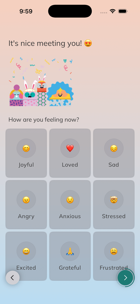 My Wellbeing: Gratitude App - Pantalla de selección de estado de ánimo en la aplicación My Wellbeing con nueve botones de emoción con emojis como alegre, amado y ansioso.