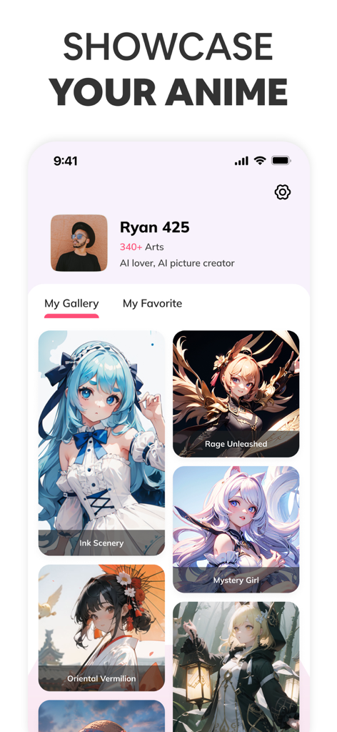 Neko AI - Anime Art Generator - User profile screen in Neko AI displaying a gallery of AI generated anime character art