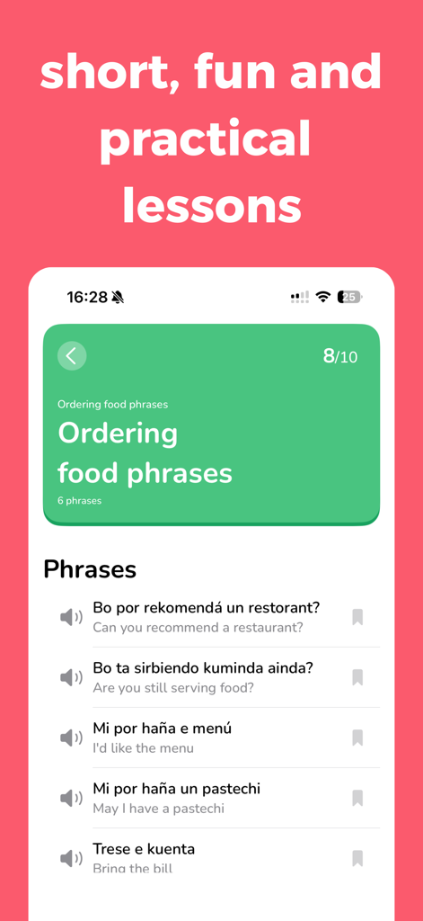 Lora - Learn Papiamentu - Lora app screenshot displaying practical Papiamentu phrases for ordering food with English translations and native audio options.