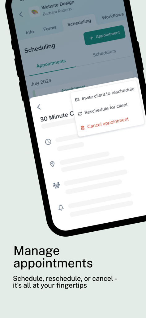 Dubsado - Dubsado app screen showing options to schedule reschedule or cancel appointments
