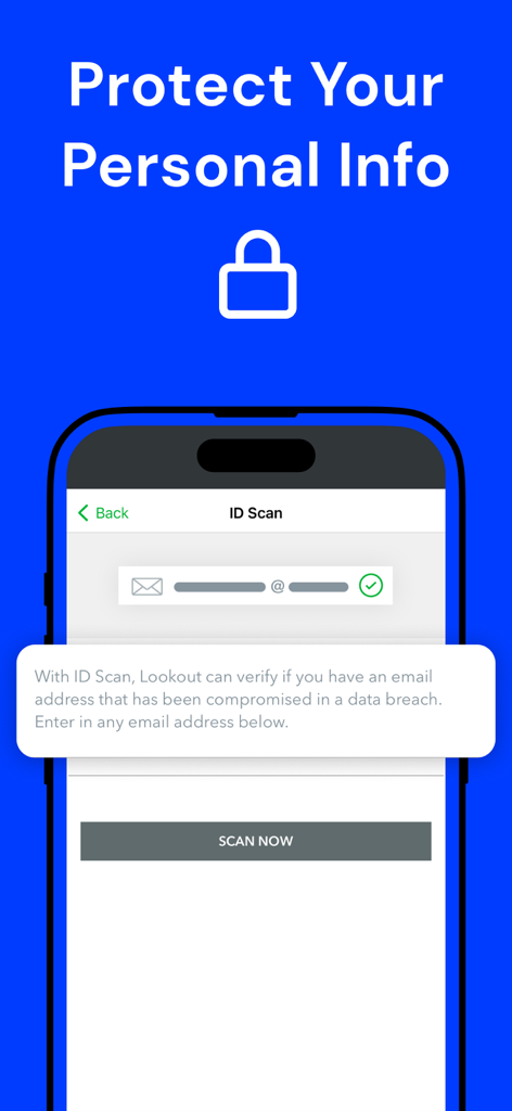 F-Secure Mobile Security - F-Secure Mobile Security app interface showing ID Scan feature for data breach detection