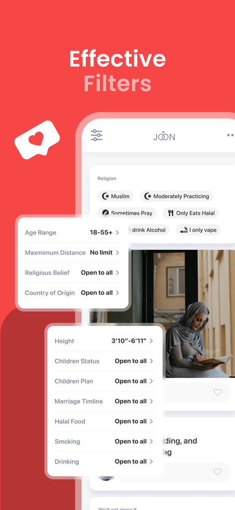 Advanced search filters in Joon Muslim Marriage app for religious and lifestyle preferences