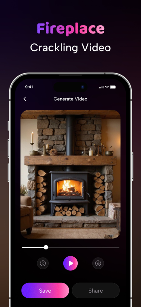 AI ASMR Video Generator: Relax - Smartphone screen showing an AI generated ASMR fireplace crackling video with playback controls