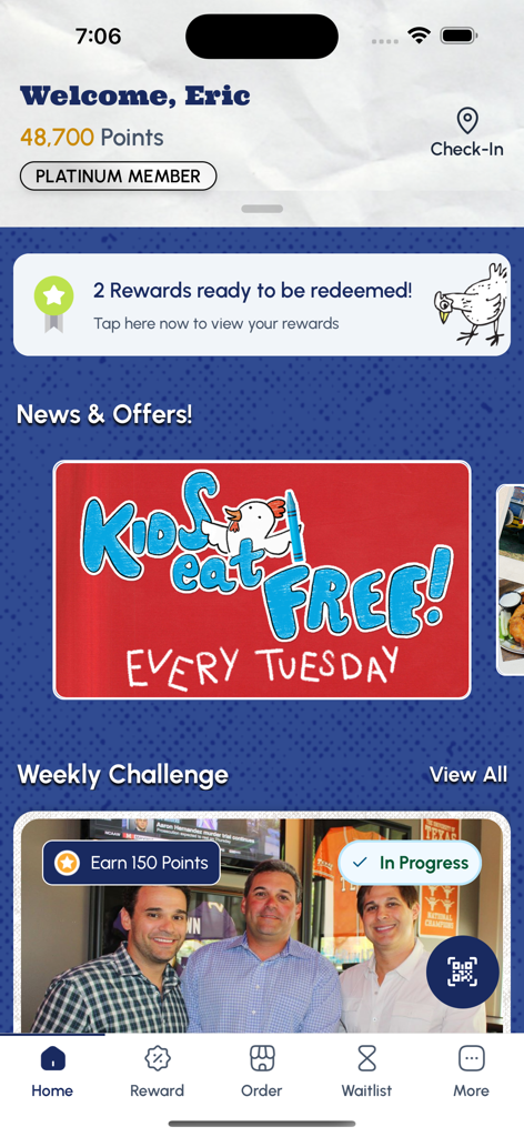 Pluckers Club mobile app home screen showing member loyalty points, available rewards, and a kids eat free promotion