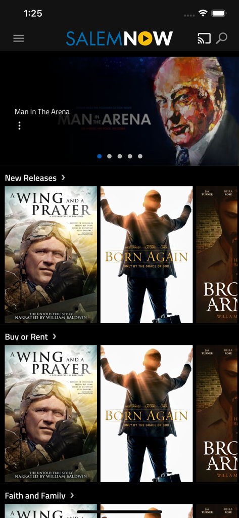 SalemNOW mobile app interface featuring faith-based movies and conservative documentaries like A Wing and a Prayer and Born Again
