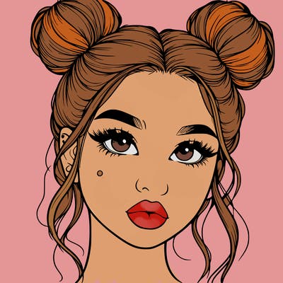 realistic girl with two buns on her hair and lips