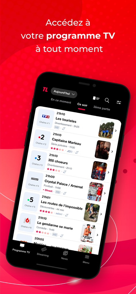Programme TV Télé-Loisirs - Capture d'écran de l'application Programme TV Tele-Loisirs montrant un programme TV français pour la soirée
