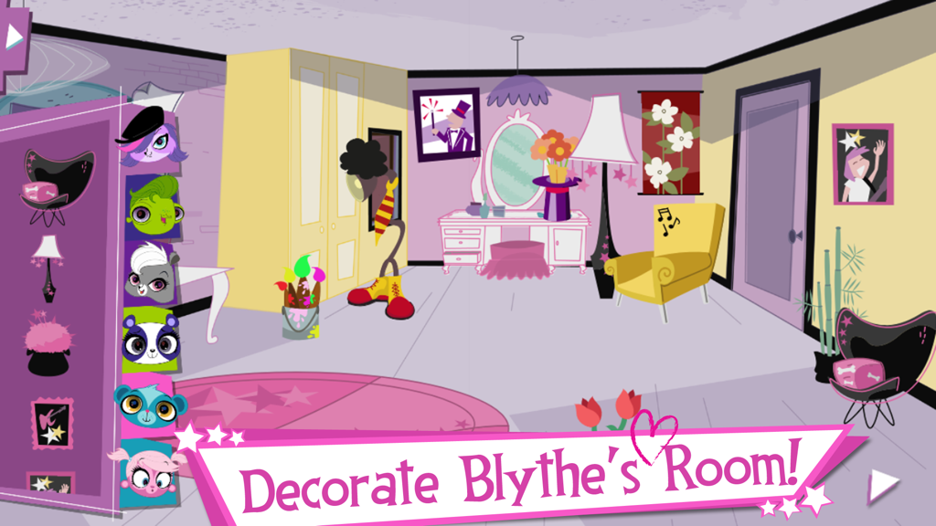 Littlest Pet Shop: Pet Style - A screen from the Littlest Pet Shop Pet Style app showing Blythe's room with various furniture and decoration options.