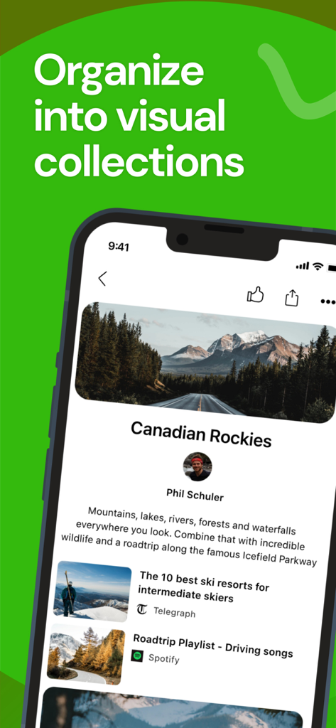 Interface de l'application mobile Wakelet montrant le contenu organisé dans une collection visuelle intitulée Rocheuses canadiennes
