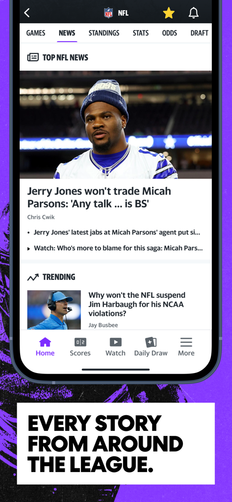 Yahoo Sportsアプリに、リーグ全体のNFLニュースとトレンド記事が表示されています。