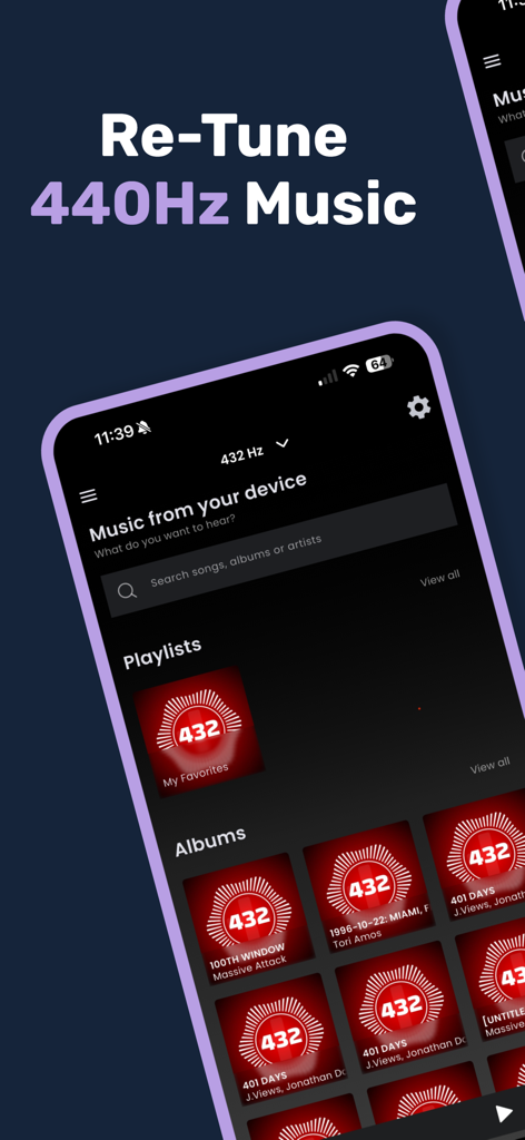 432 Player Plus - Interfaccia dell'app 432 Player Plus che mostra le opzioni di ri-accordatura della musica e la libreria dell'utente