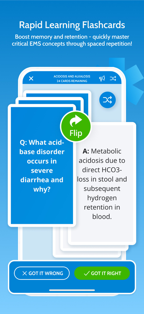 MedicTests 2026 EMS Education - MedicTests app interface showing EMS rapid learning flashcards for acid-base disorders study.