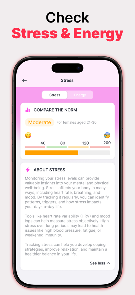 HeartIn app interface displaying stress monitoring data and health insights for a female user