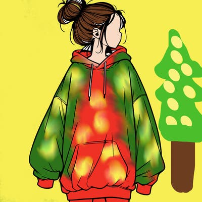 realistic girl with a oversized sweatshirt on and a bun